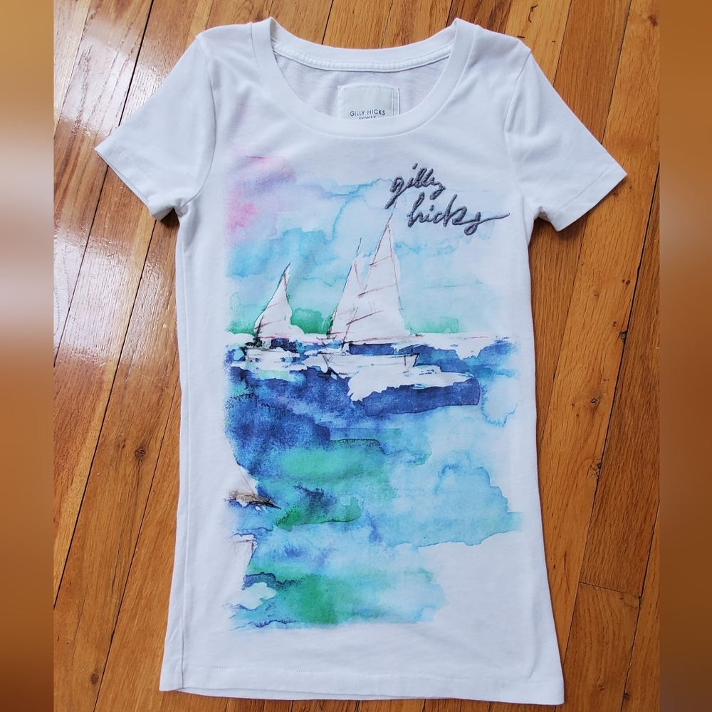 Gilly Hicks White Tee with Blue & Green Watercolor Sailboat Print
